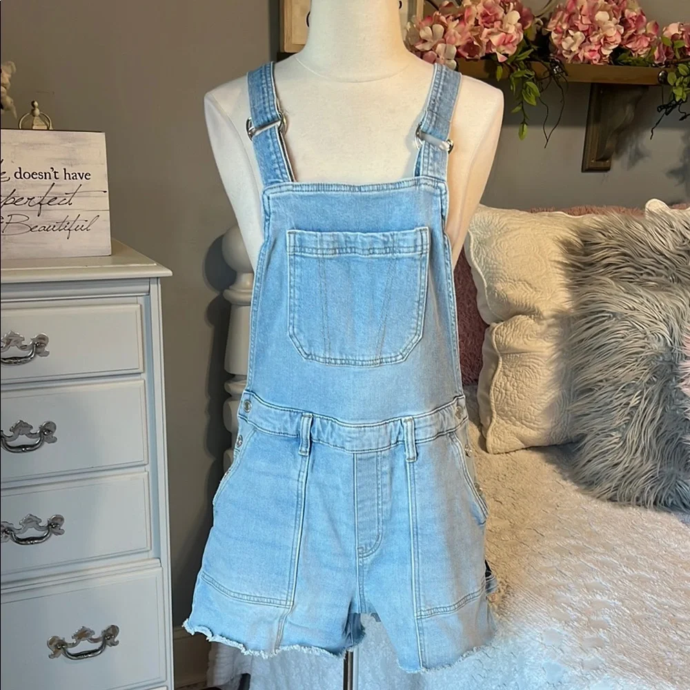 Light Blue Denim Overall Shorts